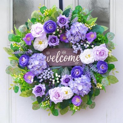 24in Spring Wreaths for Front Door, Purple Spring Wreath with Welcome Sign, A...