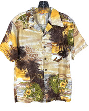 Sun-Dek Hawaiian Shirt Men's Medium tropical Button Up Brown Yellow Made In USA