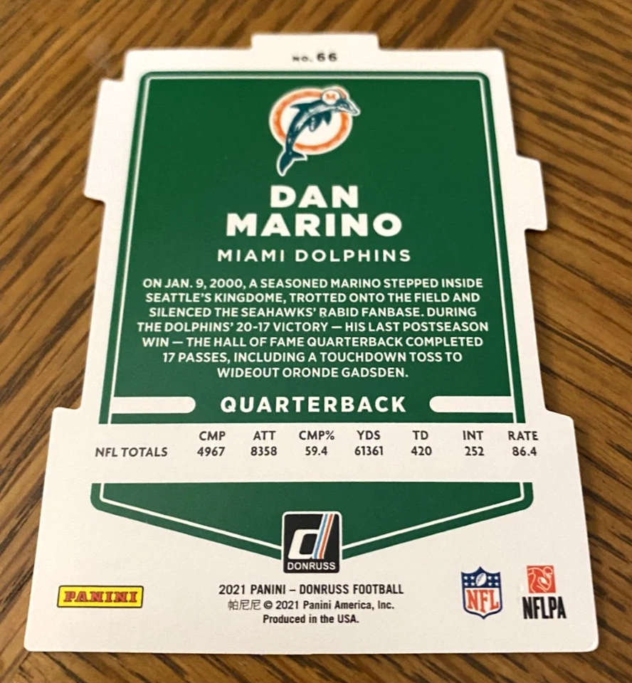 Donruss Dan Marino 2021 prueba de prensa plateado troquelado #'d/75 SP MIAMI DOLPHINS HOF Foto 2 de 2