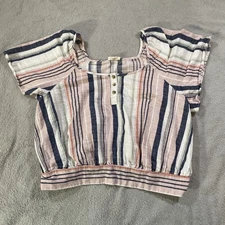A.n.a Cropped Blouse Women L Linen Blend Striped Print Short Ruffle Sleeve Top