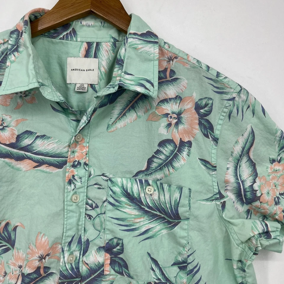 Camisa American Eagle manga corta con botones para hombre L verde floral bolsillo hawaiano Foto 4 de 4