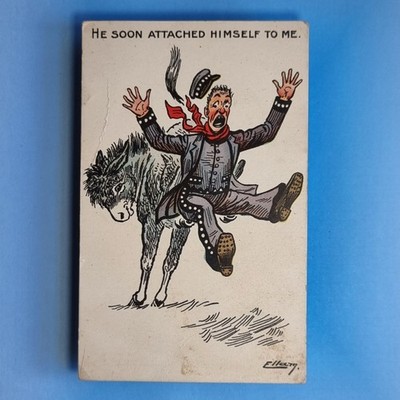 Comic Postkarte um 1915 Pearly King Costermonger Straßenhändler Esel kickt Ellam