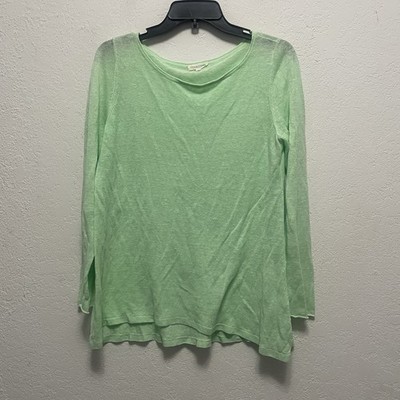 Eileen Fisher 100% Organic Linen Knit Top Long Sleeve Lime Light Green Size M