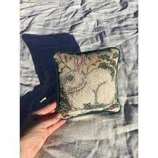 Vtg bunny square tapestry pillow 8” winter Easter rabbit farmhouse green white