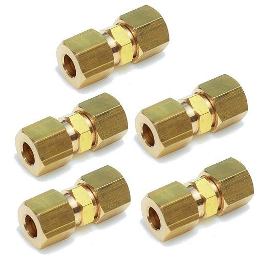 Ice Maker Water Line Brass Compression Tube Fitting, 1/4” OD x 1/4” OD PK 5