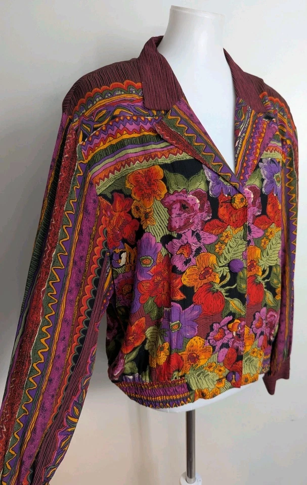 Vintage 90s Carole Little Jacket Colorful Floral Boho Art to Wear German Rayon - Image 2 of 4