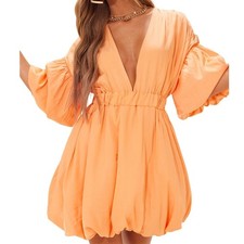PRETTYLITTLETHING PLUS Orange Puff Sleeve Plunge Neck puffball Hem Dress Size 12