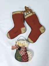 2 Vintage Hand Made Hanging Wooden Christmas stocking folk art