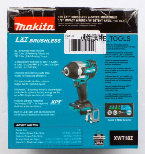 NEW Makita XWT18Z 18V 4 Speed Brushless 1/2" Impact Wrench w/ Detent Anvil - Picture 4 of 5