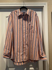 Chaps Shirt Orange Navy Striped Long Sleeve Button Down Casual Dress Mens Sz XL