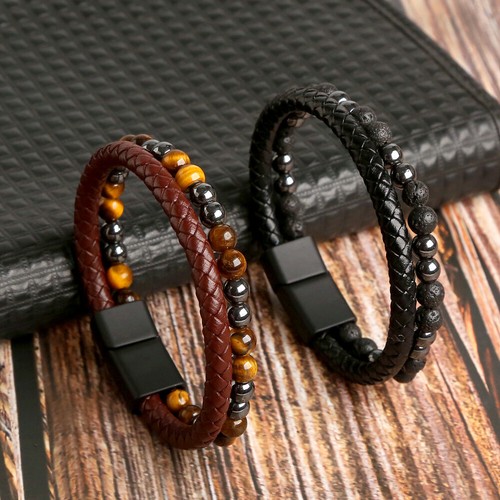 Mens Real Leather Bracelet Braided Wristband Bangle Punk Beaded Surfer Wrap Gift - Picture 3 of 16