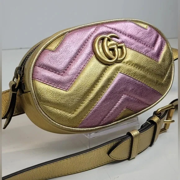 Gucci GG Marmont Pink/Gold Leather Bumbag,Belt Bag, Crossbody bag🩷