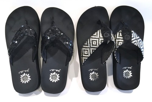 yellow box black sequin flip flops