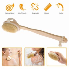 15" Bath Body Exfoliating Brush Shower Back Cleaning Scrubber Long Wooden Handle