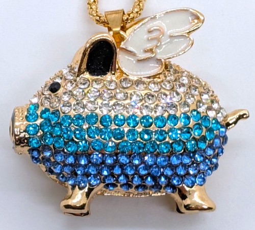 Sparkly Cute! Betsey Johnson Two Tone Blue & Clear Crystal Pig w/ Wings Necklace - Picture 10 of 17