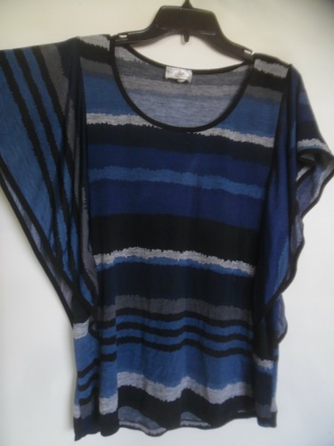 LAVISH Knit Top Flutter Slvs, Blue Gray Black Print , ScoopNeck Sz M