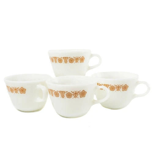 4 Mid Century Vintage Pyrex White Milk Glass Butterfly Gold Coffee/Tea Cup USA