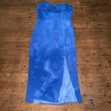 Lulu’s blue tie dye front slit L strapless tea length evening dress