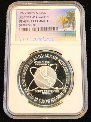 1975 TURKS & CAICOS SILVER 10 CROWNS AGE OF EXPLORATION NGC PF 68 ULTRA CAMEO ! - Picture 4 of 4