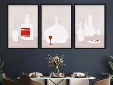 Set of 3 Prints - Boho Abstract Neutral Still Life With Red Accents
