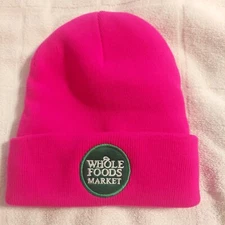 Pink Glow Whole Foods Market Logo Knit Beanie Cuffed Employee Hat New