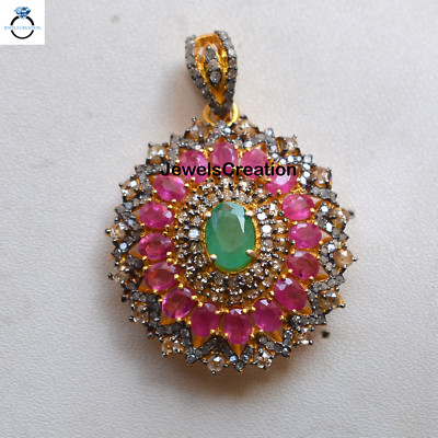 Natural Emerald Gemstone Solid 925 Silver Ruby Gold Plated Pendant For Wedding