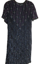 Vintage Women's Navy Beaded Sequined Short Sleeve Formal Shift Dress Size M