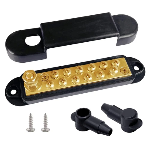 12 Terminals Bus Bar, Ampper 5.3" Brass Ground Distribution Brass, Black 
