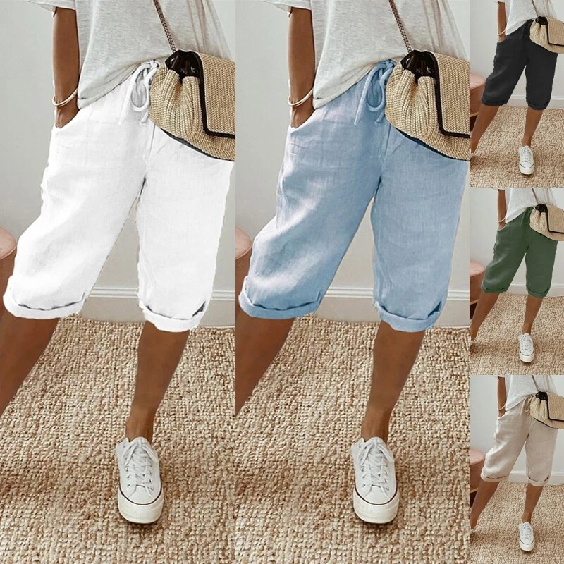 Ladies Bermuda Cotton Linen Shorts Drawstring Women Casual Hawaii Half Pants