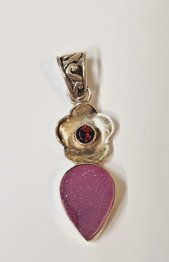 Sterling Silver Crystal Agate And Ruby Flower Pen… - image 1