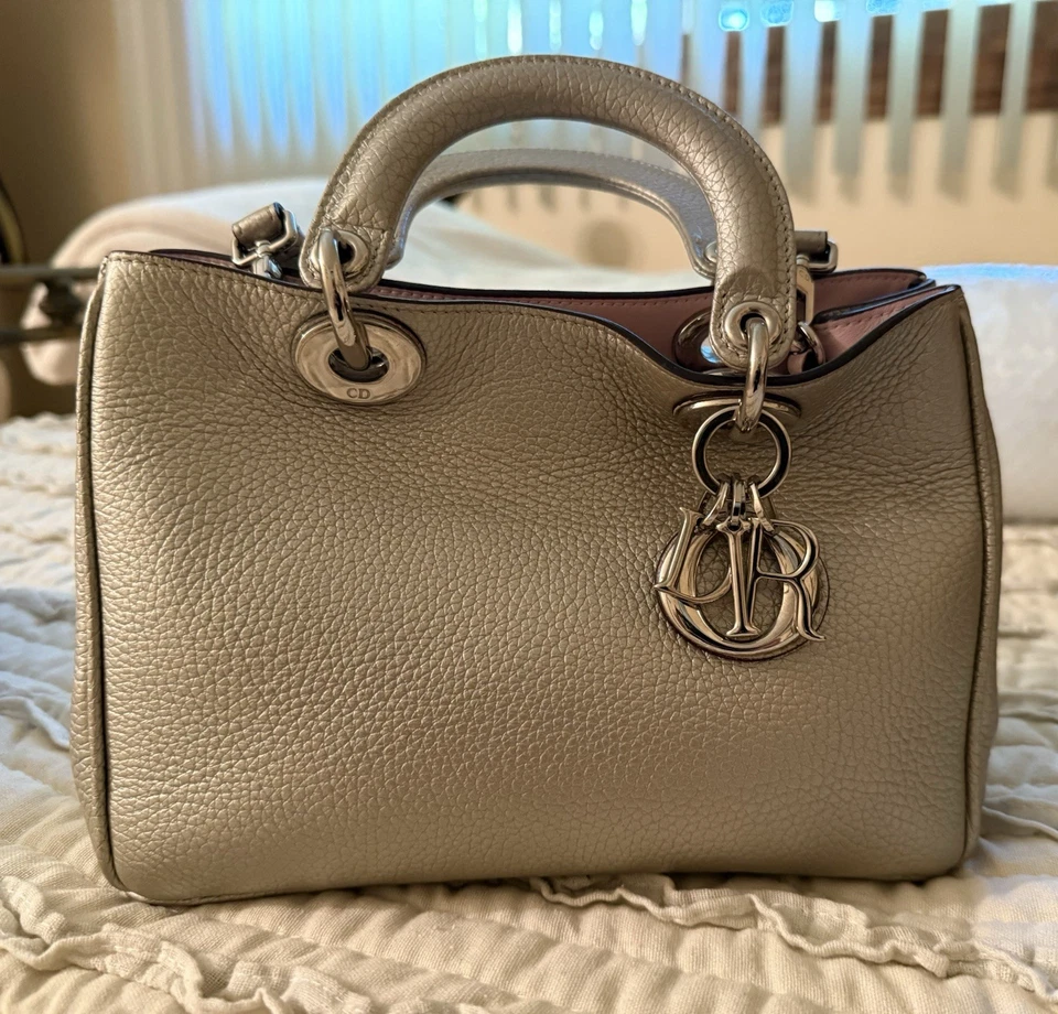 Authentic Christian Dior silver Diorissimo Pebbled Leather Tote Bag, small. Mint - Image 2 of 4