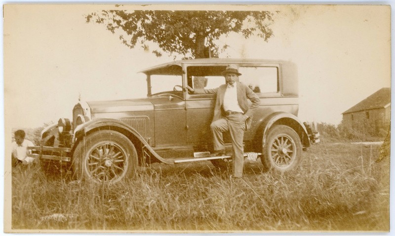 Vintage Snapshot 1927 Willys Knight Model 70A Coach Sedan & Barn in Background