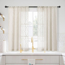 Mysky Home Beige Sheer Short Curtains For Kitchen 54 Inch Long Pom Pom Small