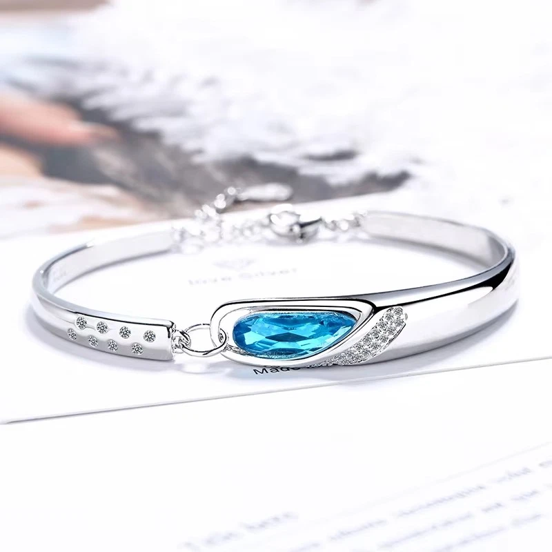 925 silver bracelet cuff blue stone zircoin luxury elegant ladies uk - Image 2 of 4