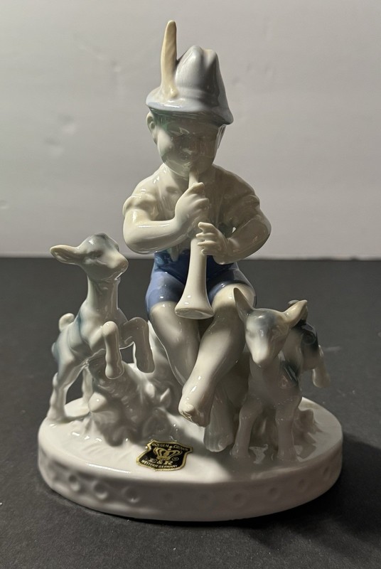 Gerold Porzellan Boy Playing Horn with Goats Figurine Bavaria West Germany