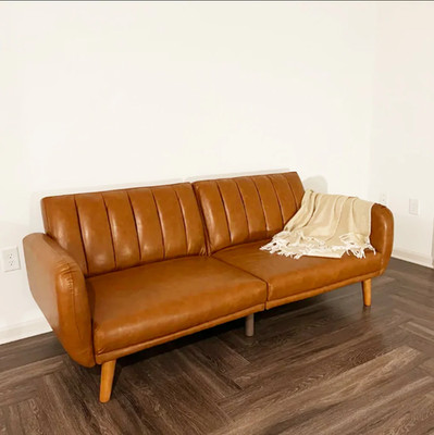 Brown Mid-Century Modern Faux Leather Convertible Futon Sofa Bed Couch MCM Livin