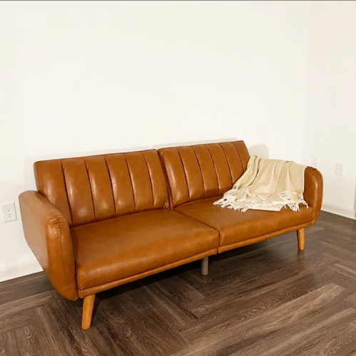 Brown Mid-Century Modern Faux Leather Convertible Futon Sofa Bed Couch ...