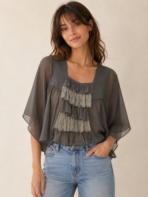 J.A.K. Women s S Tiered Ruffle Front Sheer Blouse Fairy Boho Peasant Ethereal