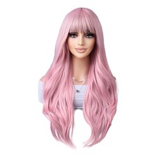 Pink Long Wavy Synthetic Cosplay Wig Straight Bangs Heat Resistant 26 Inch