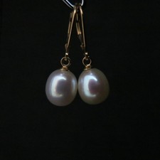 Gold Ohrringe 14 Kt. / 585er Gelbgold, echte Perlen Oval 8,5x 10mm Weiß, im Etui