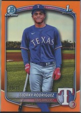 2025 Bowman Chrome Orange Refractor ELORKY RODRIGUEZ RC Rangers /25 TRUE!
