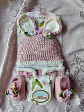 So Dorable 0-6 Month Pink Hand Crocheted Baby Bunny Outfit 3 Piece Photo-op