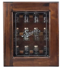 Vintage Rustic Wood Wall Mounted Spice / Spices Rack Shelf Cabinet w/ 12 Jars