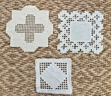 HARDANGER  Three Pieces of Embroidery  Vintage WHITE Doily Norwegian