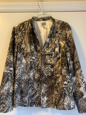 Chico s Sz 2 Artsy Brown Print Jacket Silk Lined Hook Front 26 Cottonpoly