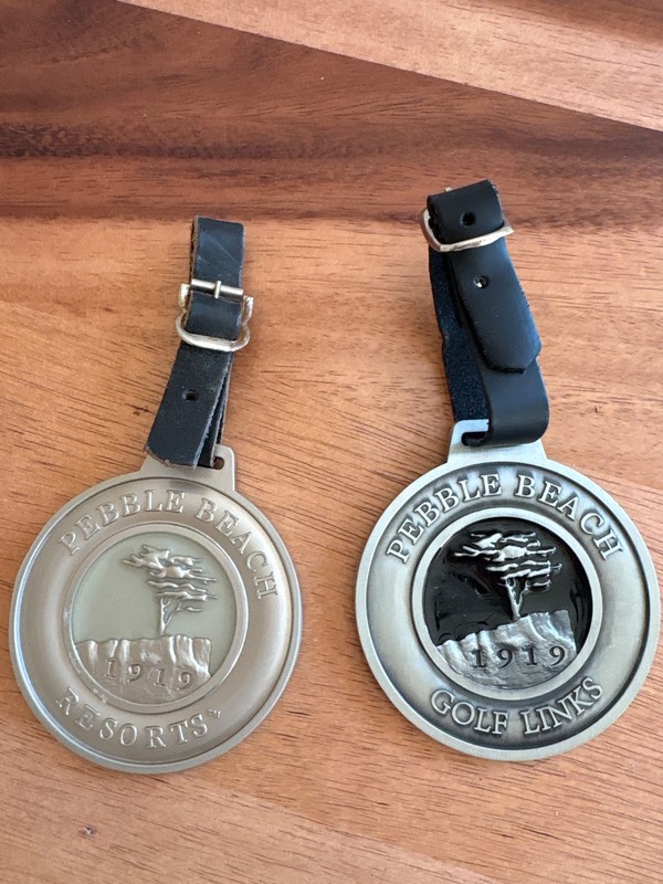 2 Pebble Beach Golf Metal Golf Bag Tags Medallion w/ Strap  , 1/ New, 1/used