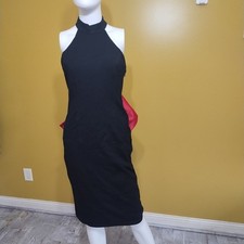 VTG 90s Fashion Nova Satiny Black Halter Neck Sheath Cocktail Dress w Red Bow M