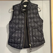 J Crew Womens Small Puffer Vest Gray Black Plaid Quilted Down Filled Full-Zip