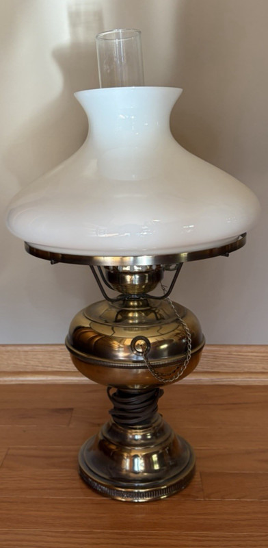 VTG Nickle/Brass Electrified Oil Lamp w/Glass Chimney & White Milk Shade 21×12"