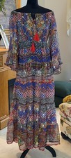 Antica Sartoria Long Off Shoulder Colorful Red Blue  Beaded Print Dress O/S